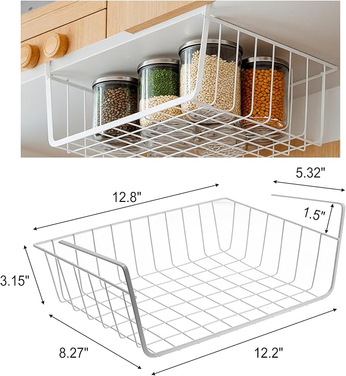4-Pack White Under Cabinet Storage Baskets – Hanging Shelf Organizers for Kitchen, Pantry, Desk & Bookshelf – No-Tool Installation, Space-Saving Design