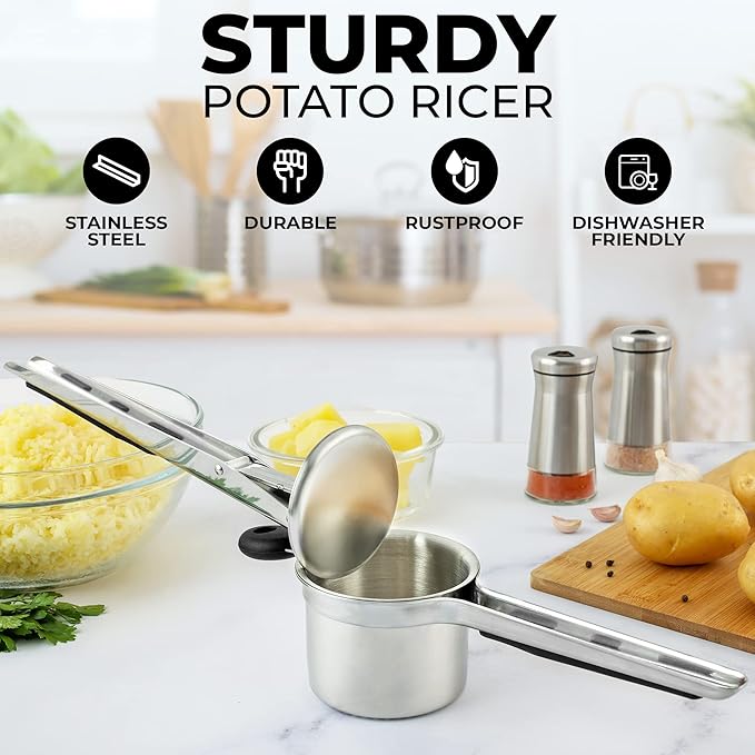 Zulay Kitchen Large 15oz Potato Ricer, Heavy Duty Stainless Steel Potato Masher and Ricer for Mashed Potatoes, Mashed Potato Masher & Potato Press Kitchen Gadget for Perfect Mashed Potatoes