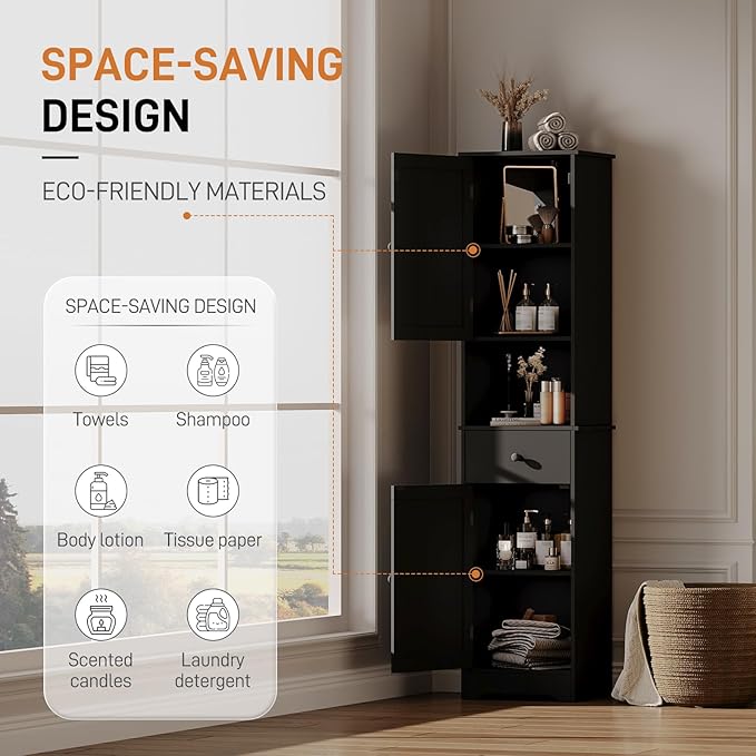 Viaozutis Tall Bathroom Cabinet, Storage Cabinet with 2 Doors & 2Drawer, with Ajustable Shelve, for Bathrooms, Kitchens,Entrances,Bedrooms（Black）