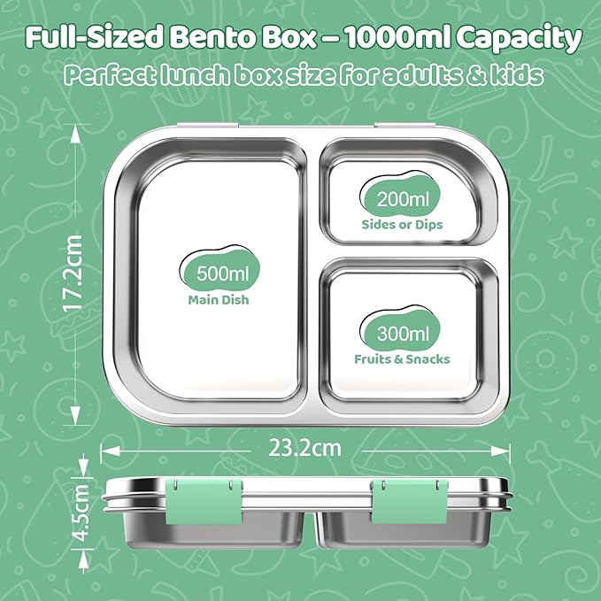 Stainless Steel Bento Box for Kids 1000ml - 3 Compartment Lunch Box for Adults, Leakproof Food Container, BPA-Free Metal Lunch Box with Silicone Seal, Eco-Friendly/Dishwasher Safe (Green)