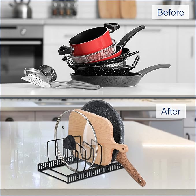Toplife Pot Lids Organizer Rack for Cabinet and Countertop, 7+ Pan Lids and Bakeware Organizer Rack Holder with 7 Adjustable Compartments - Black