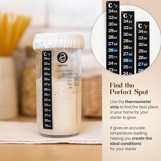 Sourdough Starter Kit, Includes 24 oz Sourdough Starter Jar with Metallic Lid, Silicone Spatula, Feeding Tracker, Extra Thermometer Strips & Breathable Covers - Sourdough Bread Starter Kit