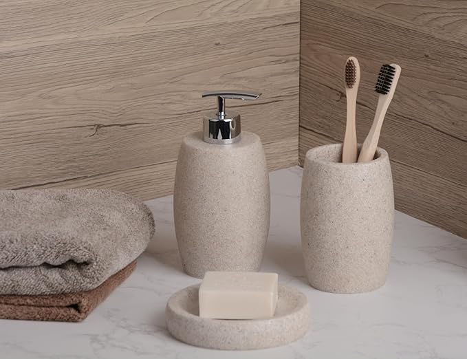 Beige Bathroom Accessories Set 3 PC, Resin Sandstone Look Soap Dispenser, Toothbrush Cup, Soap Dish, Bathroom Soap Dispenser Set for Home Decor and Kitchen