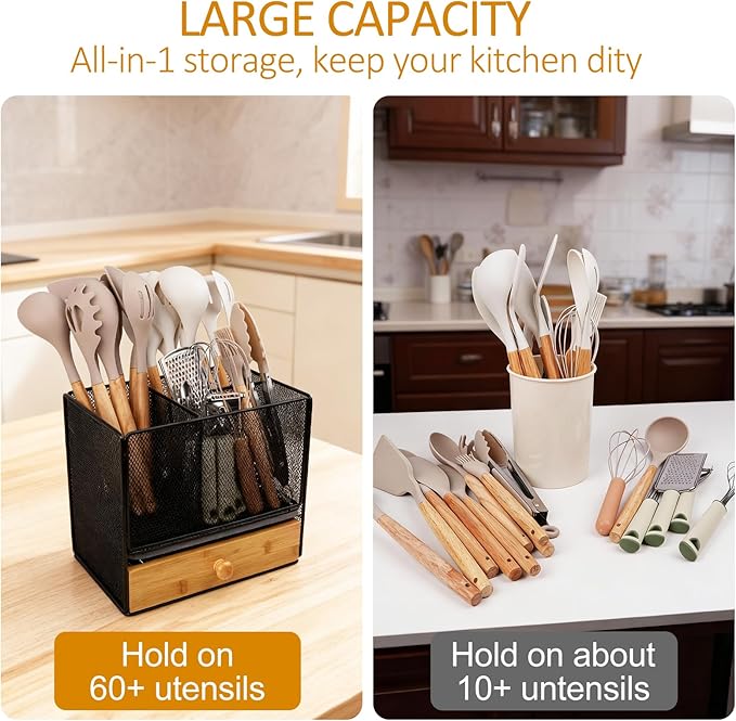 Kitchen Utensil Holder with Drawer, 2-In-1 Large Utensil Holder & Silverware Holder for Counter & Countertop, Kitchen Utensils Organizer for Cookware and Flatware, With Quick Dry Diatomite Pad