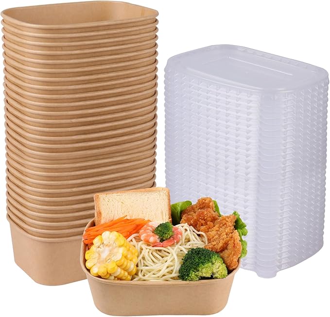 JAYEEY 28 oz Disposable Kraft paper bowls with lids, Rectangle Food containers Soup Bowls Party Supplies Treat Bowls 50 Pack