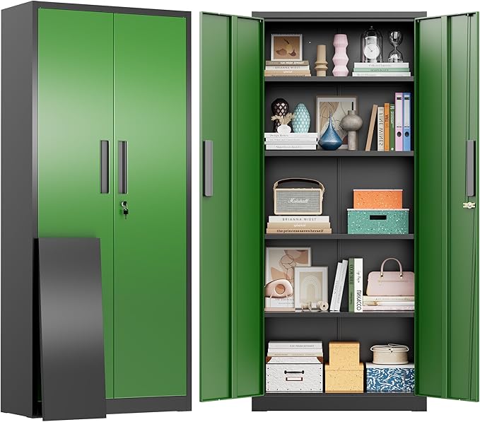 Greenvelly Metal Cabinet, 63”Tall Kitchen Pantry Storage Cabinets with 2 Lock Doors and 4 Adjustable Shelves,Black Green Kitchen Cabinet Storage for Dinning Room,Garage,Office