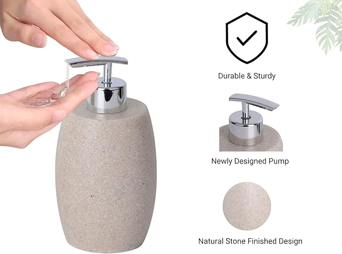 Beige Bathroom Accessories Set 3 PC, Resin Sandstone Look Soap Dispenser, Toothbrush Cup, Soap Dish, Bathroom Soap Dispenser Set for Home Decor and Kitchen