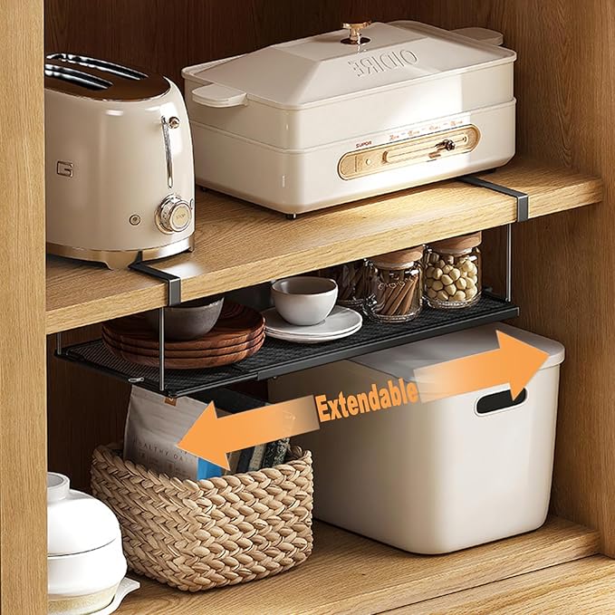 2 Pack Expandable Under Cabinet Shelf, Under Shelf Storage with 0.94 Inches Thick Clips for Kitchen Cupboard, Metal Hanging Under Desk Basket for Laundry Room, Cabinet, Shoe Rack
