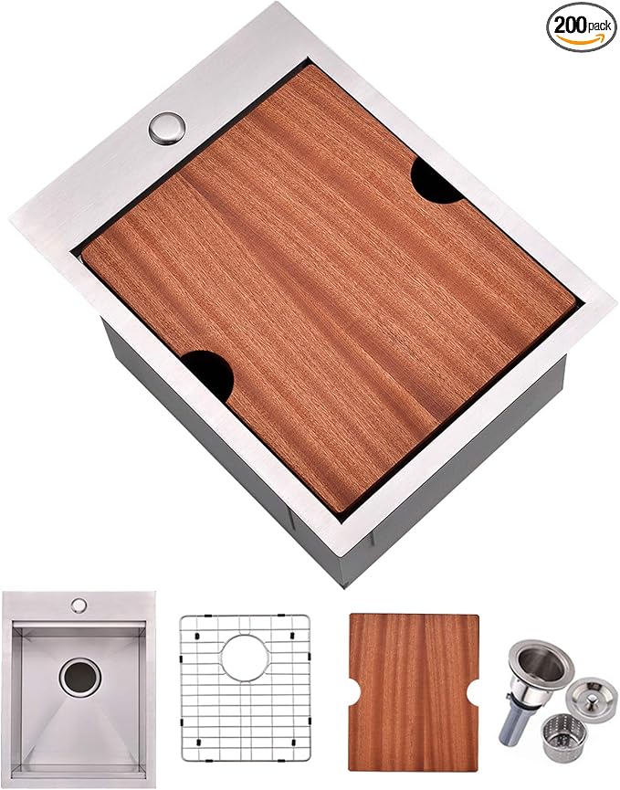 Bar Sink Drop In, 15 x 20 Inch Kitchen Sink, Stainless Steel Square Small Topmount Workstation Sinks, Single Bowl Kitchen Sinks for Office Laundry Wet Bar Prep RV Outdoor Yard