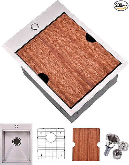 Bar Sink Drop In, 15 x 20 Inch Kitchen Sink, Stainless Steel Square Small Topmount Workstation Sinks, Single Bowl Kitchen Sinks for Office Laundry Wet Bar Prep RV Outdoor Yard