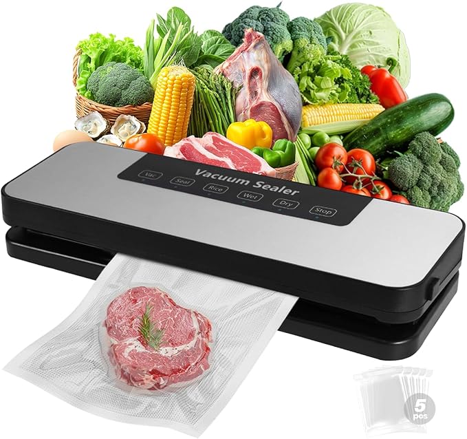 Vacuum Sealer Machine,4-in-1 Food Vacuum Savers Kit, 20s Fast Seal for Dry & Moist Food, LED Display, with 5 BPA-Free Reusable Vacuum Bags