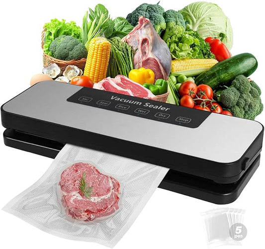 Vacuum Sealer Machine,4-in-1 Food Vacuum Savers Kit, 20s Fast Seal for Dry & Moist Food, LED Display, with 5 BPA-Free Reusable Vacuum Bags