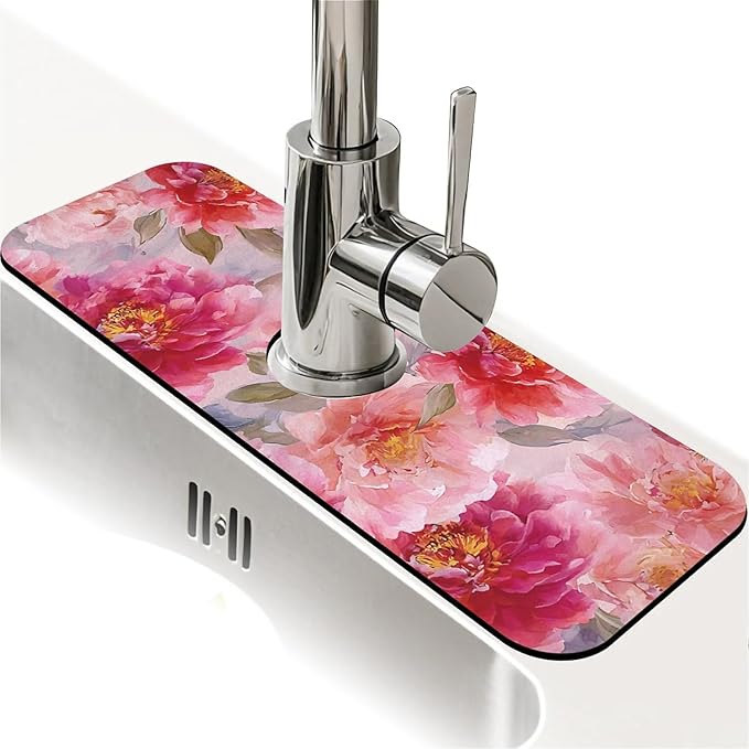 Kitchen Sink Splash Guard，vibrant watercolor peonies Faucet Mat Sink Gadgets-Super Absorbent Fast Drying Mat Drip Catcher for Kitchen, Bathroom,Sink Mat, Dish Drying Mat, Bathroom(15" X 5.5" )