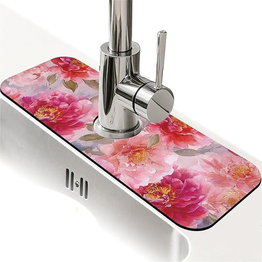 Kitchen Sink Splash Guard，vibrant watercolor peonies Faucet Mat Sink Gadgets-Super Absorbent Fast Drying Mat Drip Catcher for Kitchen, Bathroom,Sink Mat, Dish Drying Mat, Bathroom(15" X 5.5" )