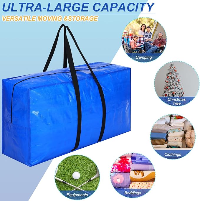 Windyun 4 Pack 75 Gallon Extra Large Moving Bags XXL Heavy Duty Storage Bag with Strong Zipper Handle Jumbo Big Tote Box Foldable for College Dorm Travel Clothes Duffle Blanket Pillow(Blue)