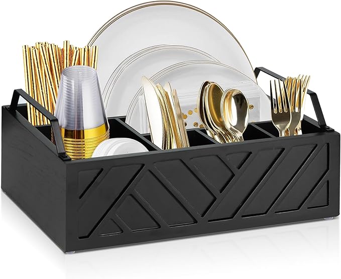 Ukonvi Paper Plate Dispenser and Holder for Kitchen Counter, Wood Rustic Silverware Utensil Caddy, Cutlery Flatware Organizer Box for Cups Spoons Forks Napkins, Kitchen Accessories (Black)