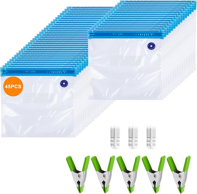 Reusable Sous Vide Bags 53Pcs BPA-Free, 2.9L Vacuum Sealer Bags for Cooking & Microwave, 45 Zipper Bags, 3 Seal Clips ＆ 5 Cooking Clips, Heat-Resistant & Leakproof (10x11in)