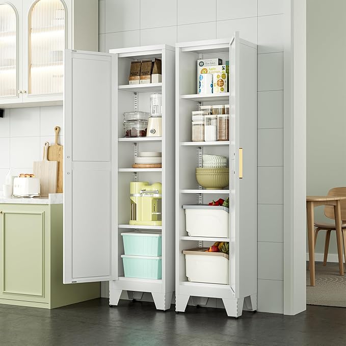 67''Farmhouse Metal Storage Cabinet with Barn Doors,Steel File Cabinet for Home Office,Kitchen Pantry 4 Adjustable Shelves,Freestanding Cupboard for Kitchen,HomeOffice(White)