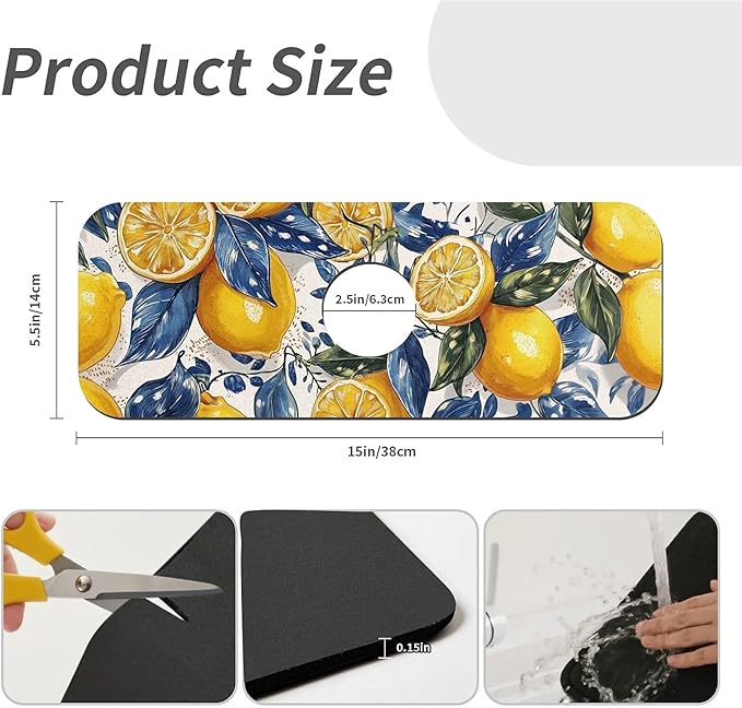 Kitchen Sink Splash Guard，Bright lemon Faucet Mat Sink Gadgets-Super Absorbent Fast Drying Mat Drip Catcher for Kitchen, Bathroom,Sink Mat, Dish Drying Mat, Bathroom(15" X 5.5" )