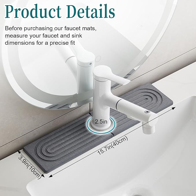 Stone Faucet Mat for Kitchen Sink Bathroom Counter. 15.7 Inch Dark Grey Diatomite Water-Absorbing Drying Stone Mat, Sink Stone Tray Protector,Prevent Moisture Sink Splash Guard