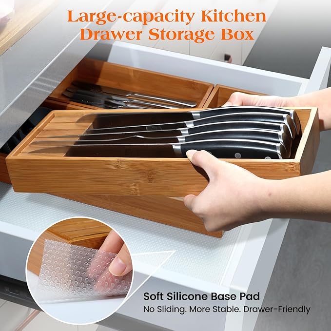 Piklohas Carbonized Bamboo Kitchen Silverwar Drawer Organizer,14.2 inch Length Natural Utensil Flatware Organizers Tray Storage for Spoons Forks & Knives