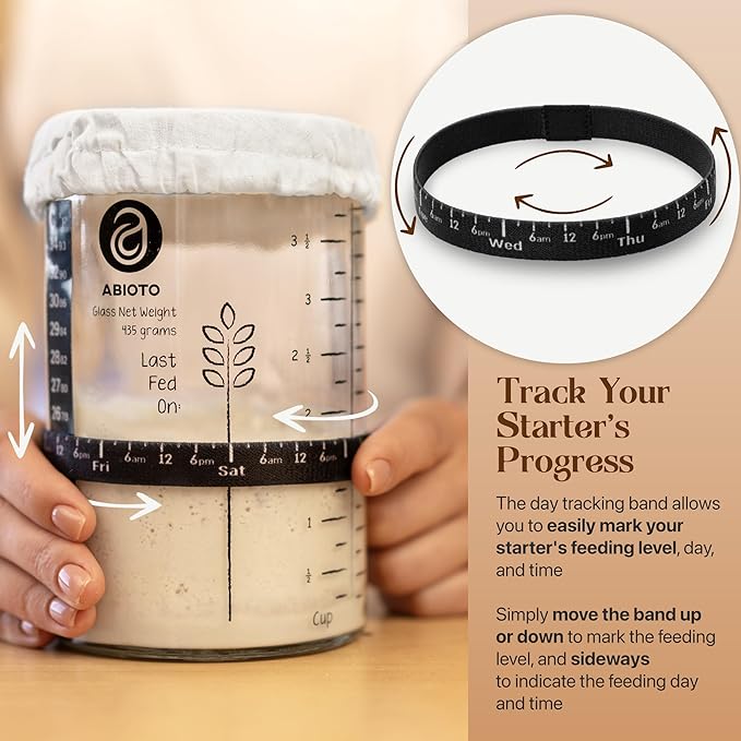 Sourdough Starter Jar Kit, Includes 34 oz Sourdough Starter Jar with Metallic Lid, Silicone Spatula, Feeding Tracker, Extra Thermometer Strips & Breathable Covers – Sourdough Bread Starter Kit