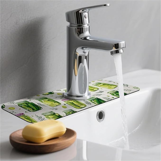 Kitchen Sink Splash Guard，pickled cucumber Faucet Mat Sink Gadgets-Super Absorbent Fast Drying Mat Drip Catcher for Kitchen, Bathroom,Sink Mat, Dish Drying Mat, Bathroom(15" X 5.5" )