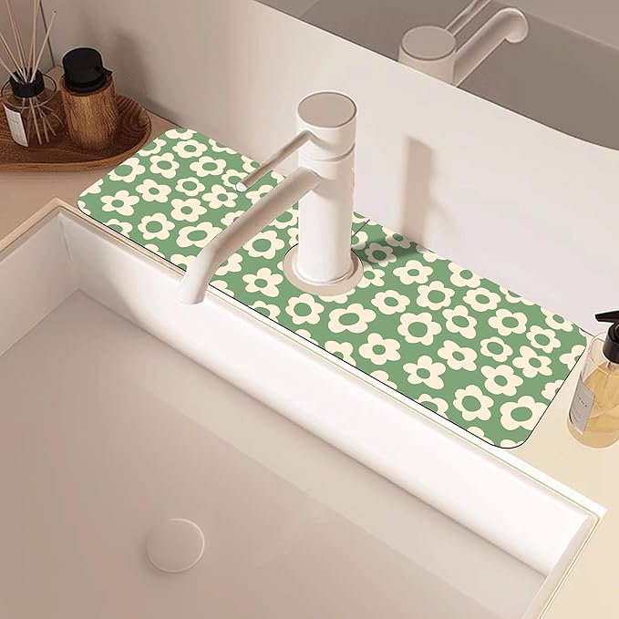 Vintage Groovy Flowers Sink Faucet Absorbing Mat Splash Guard Behind Sink Absorbent Fast Drying Draining Mat for Bathroom Kitchen 5.5"15