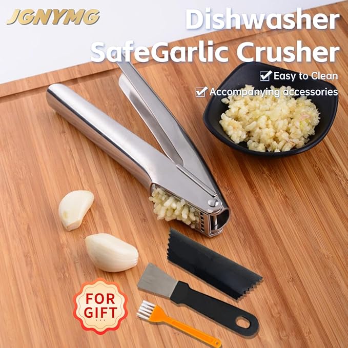 JGNYMG Garlic Press Stainless Steel，Premium Garlic Mincer Tool，Heavy Duty Professional garlic grinder， No Need to Peel Garlic Ginger Crusher，Easy Clean, Dishwasher Safe & Rust-proof
