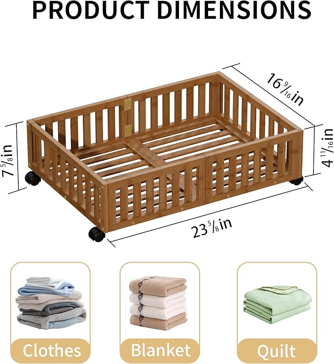 Bamboo Under Bed Storage with Wheels,Rolling Underbed Shoe Organizer Box for Shoes,Blankets,Toys,Clothes Container Space-Saving Bins for Bedroom,Closet,Dorm,Nursery