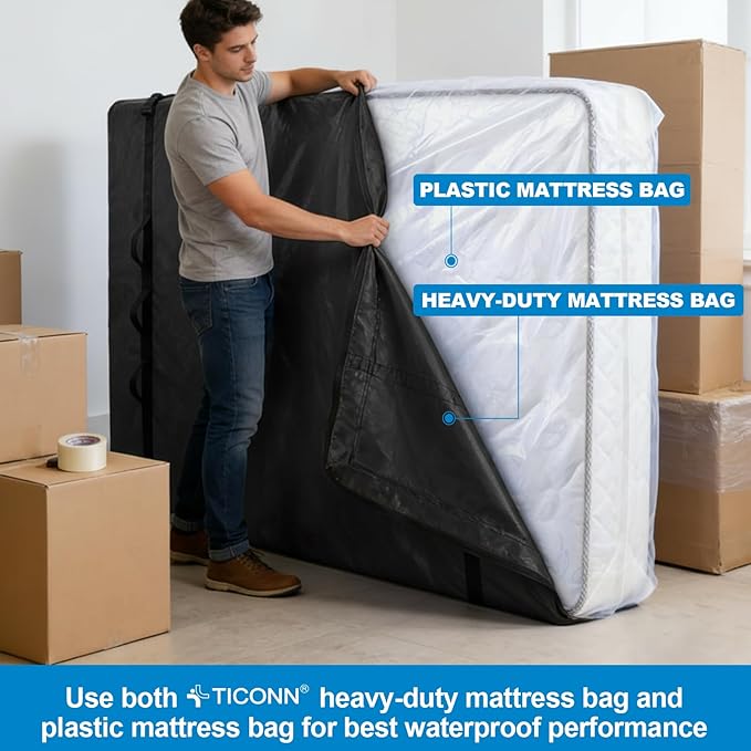 TICONN Mattress Bags for Moving, Heavy Duty Full Mattress Cover Storage Bag with Full-Around Handle and Adjustable Buckles (Black, Full)