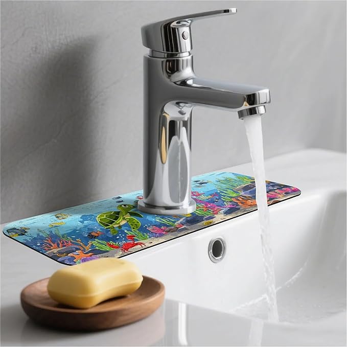 Kitchen Sink Splash Guard，Happy Underwater World Faucet Mat Sink Gadgets-Super Absorbent Fast Drying Mat Drip Catcher for Kitchen, Bathroom,Sink Mat, Dish Drying Mat, Bathroom(15" X 5.5" )