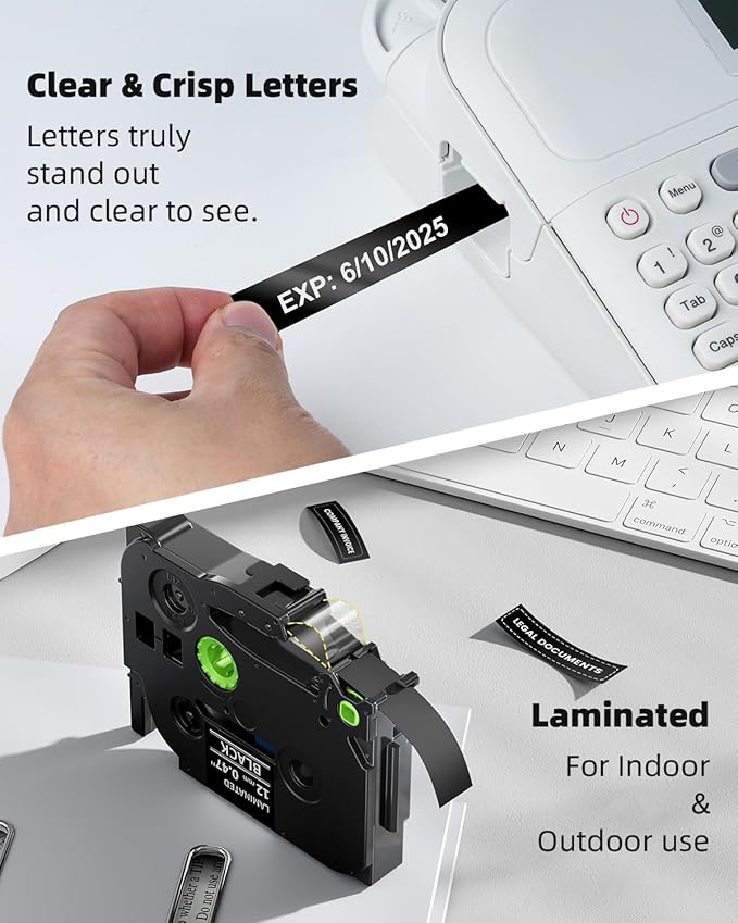 TZe-335 White on Black Tape 12mm Compatible with Brother Ptouch Label Maker Tape Laminated 12mm 0.47 Black, for PT-1090 1190 1230 1280 1290 1750 1800 1830 1880 1890 2040 Refills, (12 mm x 8m), 4 Pack