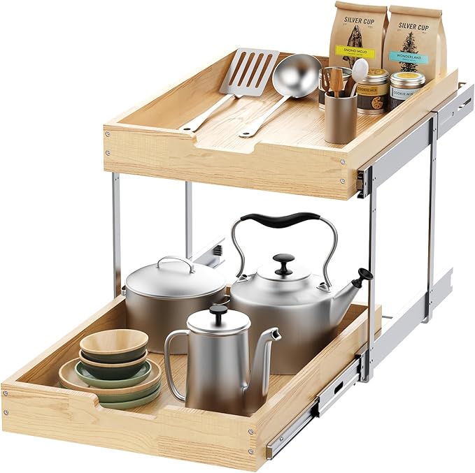 Sikarou Wood Pull Out Cabinet Organizer 2 Tie 20" W x 21" D, Heavy-Duty Sliding Drawers for Inside Cabinets Storage and Organization for Kitchen, Pantry, Bathroom