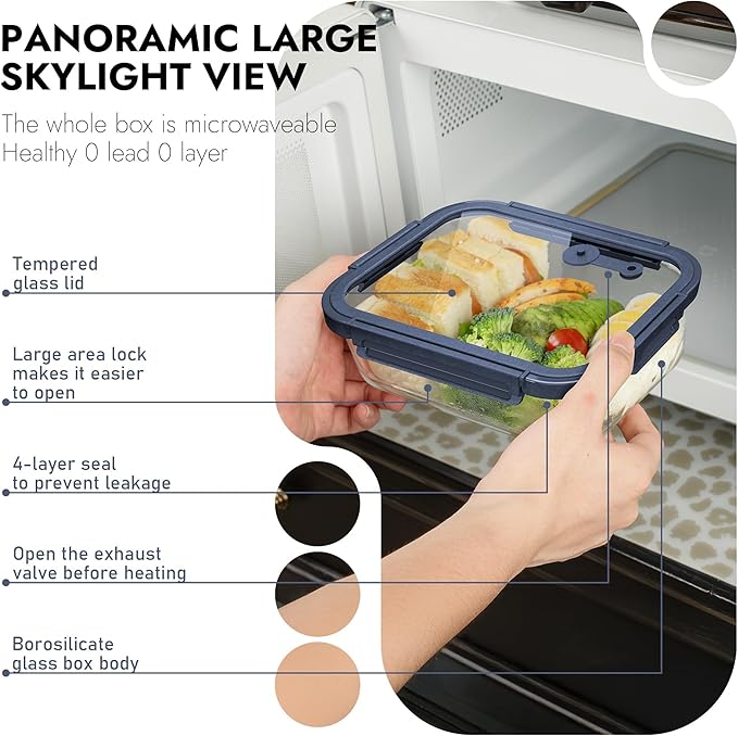 BOROHOUSE 10-Pack Glass Food Storage Containers with Tempered Lids – Borosilicate, Airtight, Oven-Safe (-4°F~950°F), BPA-Free, 4.4 & 1.6 Cup, Leak-Proof, Dishwasher Safe (Blue)