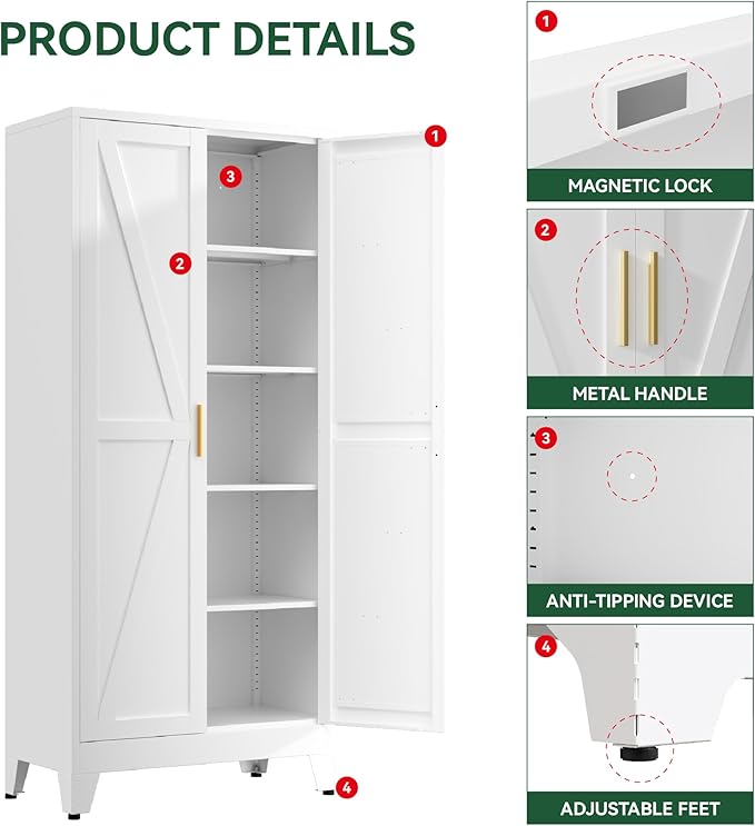 YNIQUESTLE Farmhouse Pantry Cabinet,71" H x 31.5" W,Metal Cabinet with Adjustable Shelves and Barn Doors,5-Tier Storage Cabinet for Kitchen Dining Room Garage,White