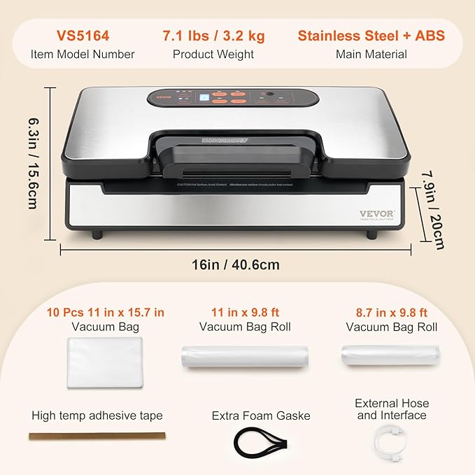 VEVOR Vacuum Sealer Machine, Food Sealer Machine，Dry and Moist Food Storage, Automatic and Manual Air Sealing System with Built-in Cutter, with Seal Bag， External Hose 90Kpa 130W Powerful Dual Pump