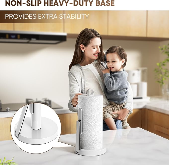 theaoo Heavy-Duty Stainless Steel Paper Towel Holder with Tension Arm – Easy One-Handed Tear, Modern Standing Countertop Dispenser for Kitchen, Holds All Paper Towel Rolls (1, White)