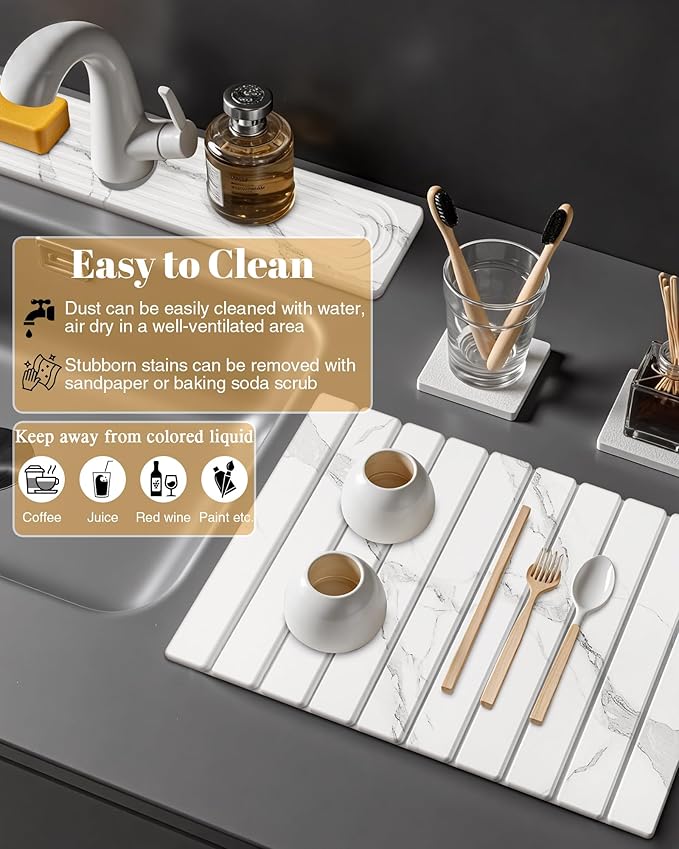 Set of 2 Large Stone Dish Drying Mat for Kitchen Counter + Faucet Mat for Kitchen Sink, Collapsible Fast Drying Diatomaceous Dish Mat, Stone Sink Splash Guard, Water Absorbing Stone Tray for Sink