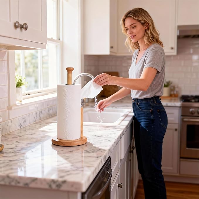 E-ROOM TREND Wooden Paper Towel Holder Countertop, Paper Towel Holder Stand Natural Wood Dia 7" Large Round Base Roll Organizer for Kitchen Bathroom Dining Table Home (ZJ281Y)