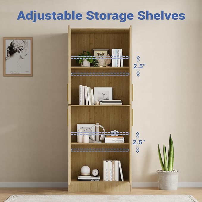 Housoul 71" Tall Pantry Cabinet with 4 Doors, Kitchen Pantry Storage Cabinet, Freestanding Larder Cupboard, Utility Kitchen Hutch with Gold Handles for Dining Room, Bathroom, Natural