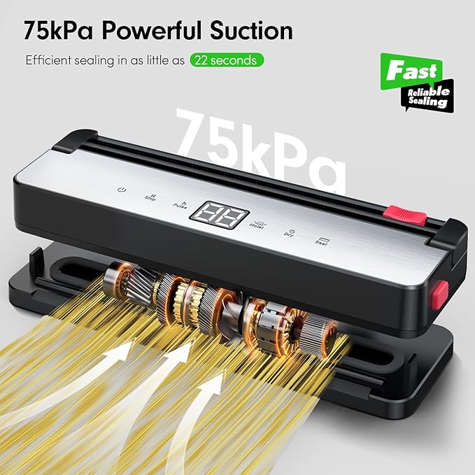 Portable Vacuum Sealer for Food Storage: 75kPa Suction Vacuum Sealer Machine - 4000mAh Rechargeable Battery for Home Kitchens Apartments RVs & Travel - Dry & Moist Food Modes, Built-in Cutter