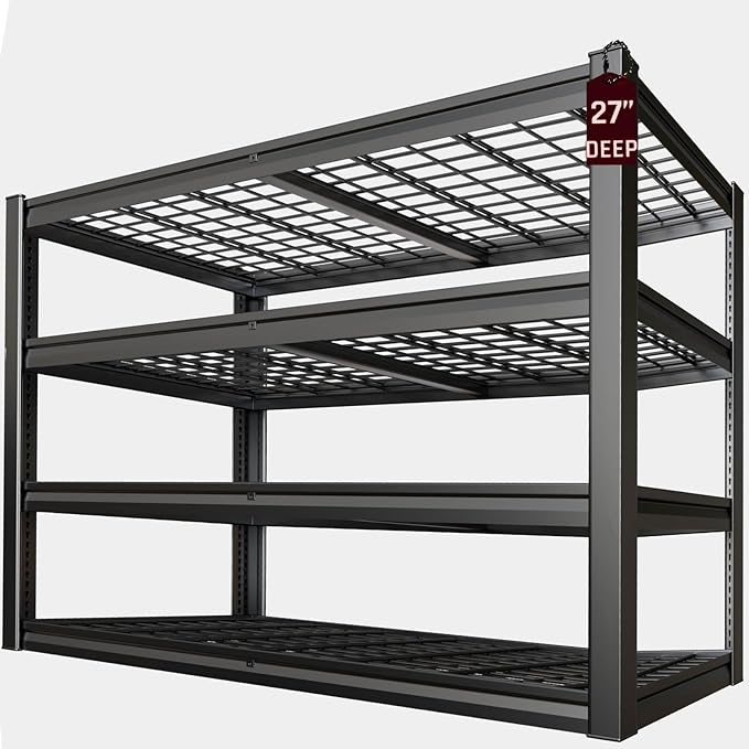 62" Wide Heavy Duty Garage Shelving Units, 4-Tier Deep Storage Shelves,Black Metal Garage Shelves,Steel Shelf,Large Storage Rack,Industrial Shelving for Shop, 62" W x 27" D x 62" H