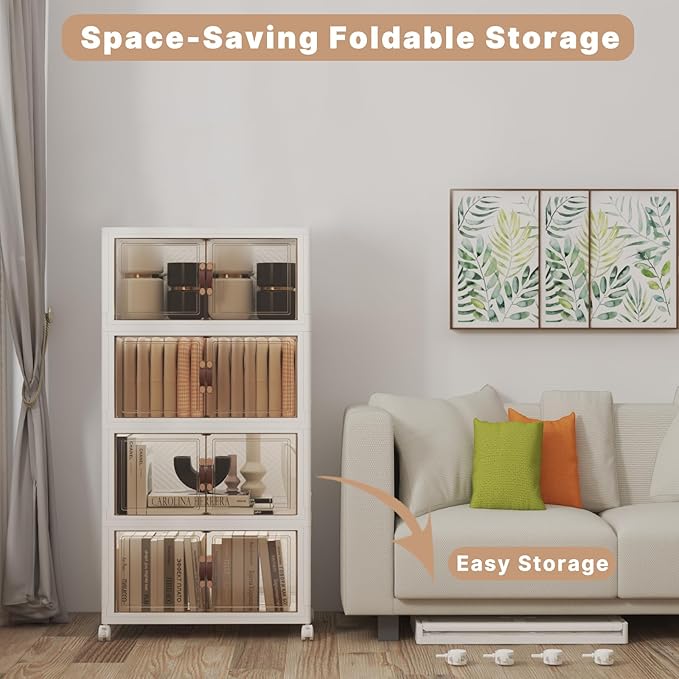 Extra Large Stackable Storage Bins with Lids & Wheels, 440QT-55QT/30GAL*8Pack Foldable Collapsible Closet Organizers Storage Cabinet with Doors for Bedroom Dorm