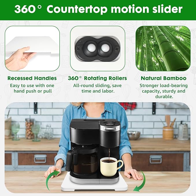Appliance Slider 360° Rolling Tray for Coffee Maker- Bamboo Coffee Pot Slider Tray Countertop Rotation Sliding Tray with Wheels, Small Appliances Mat Easily from Under The Cabinet White(13.9"×11.6")