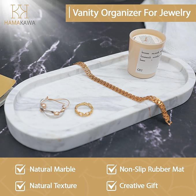 HAMAKAWA Oval Bathroom Vanity Tray, Large Natural Marble Sink Tray 10 inch, Volakas White Stone Soap Trays, Modern Perfume Trays, Countertop Organizer for Kitchen, Coffee Table, Home Decor