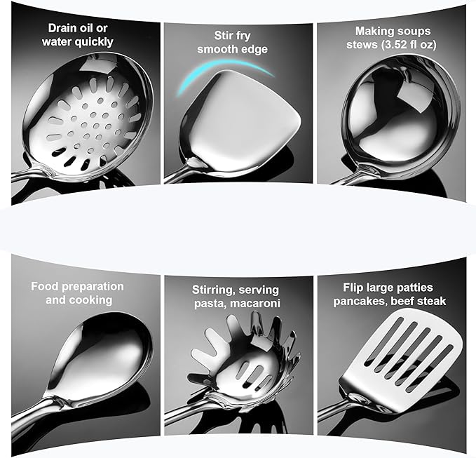 NIITAWH 304 Stainless Steel Kitchen Utensil 6 PCS Cooking Utensils Set, Spatula, Ladle, Skimmer, Slotted Spatula Tunner, Spaghetti Spoon, Large Spoon