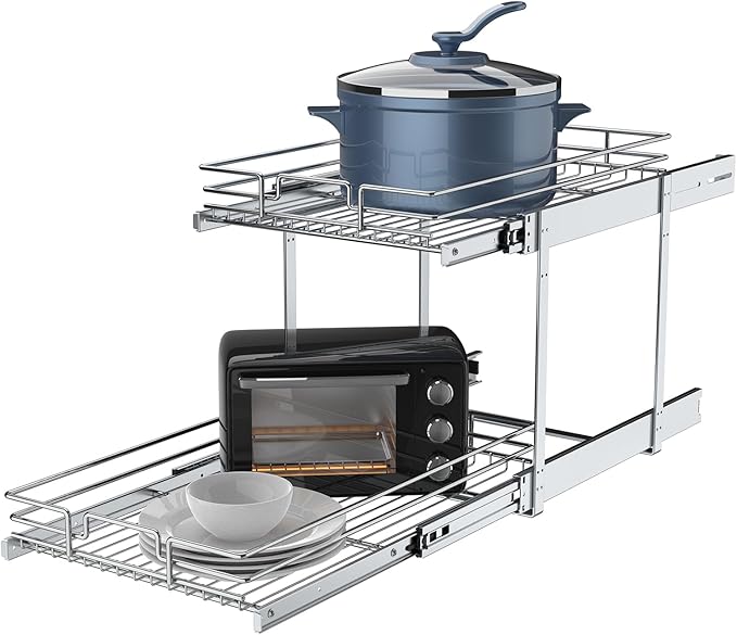 2 Tier Pull Out Cabinet Organizer, 11" W x 21" D Heavy-Duty Metal Sliding Drawer Shelf for Kitchen Cabinets, Chrome, Doesn't Include Door Fittings