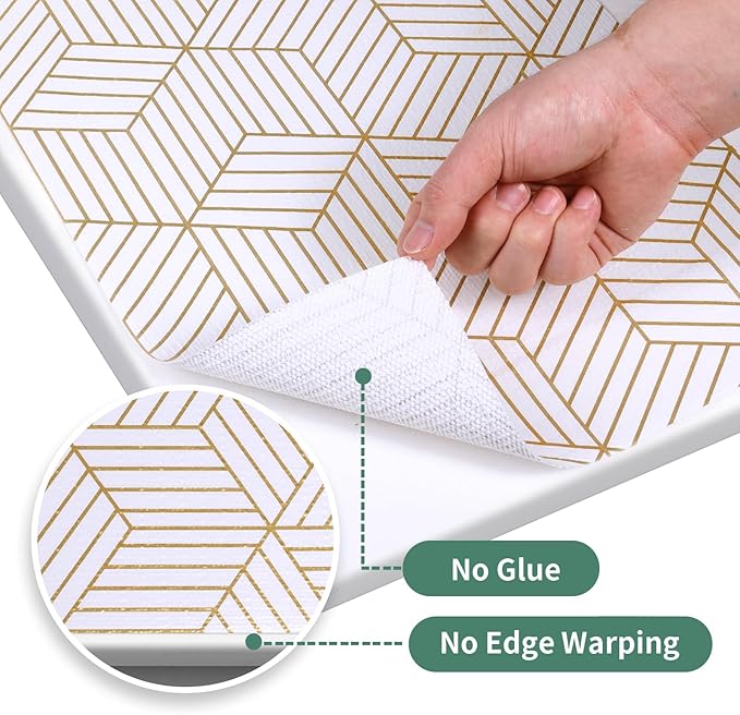 Shelf Liners for Kitchen Cabinets 17.5in x 20FT, Non Adhesive Cabinet Liner Strong Non-Slip Thickened Gold Geometric Drawer Liner, Easy to Clean for Shelf, Cabinet with Knife and Tape Measure