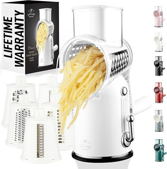 Zulay Kitchen Rotary Cheese Grater 5 Blade Cheese Shredder - Manual Hand Crank Cheese Grater With Reinforced Suction & 5 Interchangeable Drums - Easy to Use, Vegetable Chopper Round Mandoline Slicer